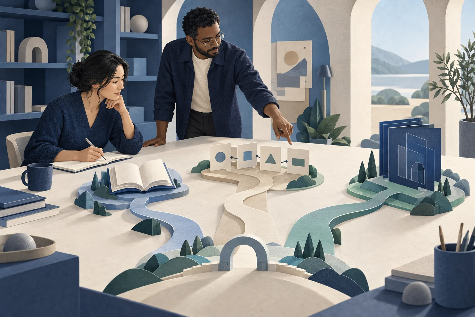 Illustrated paths connect a planning workspace with research, workflow and delivery resources.