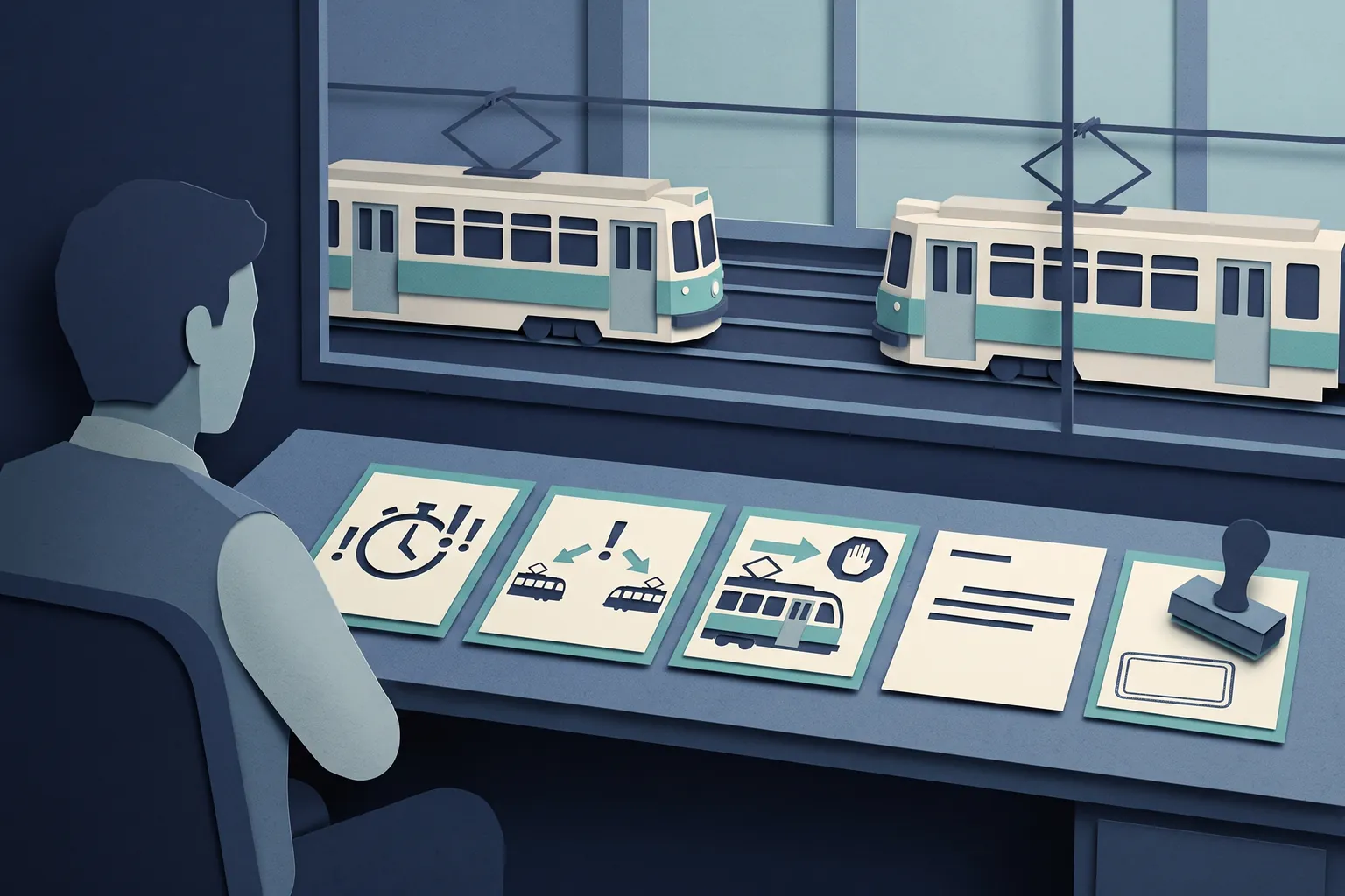 A dispatcher at a desk with five paper cards in sequence: a delay detected, a gap opening between two streetcars, a proposed holding adjustment, a drafted passenger notice and an approval stamp; each step is prepared in turn and the person approves.