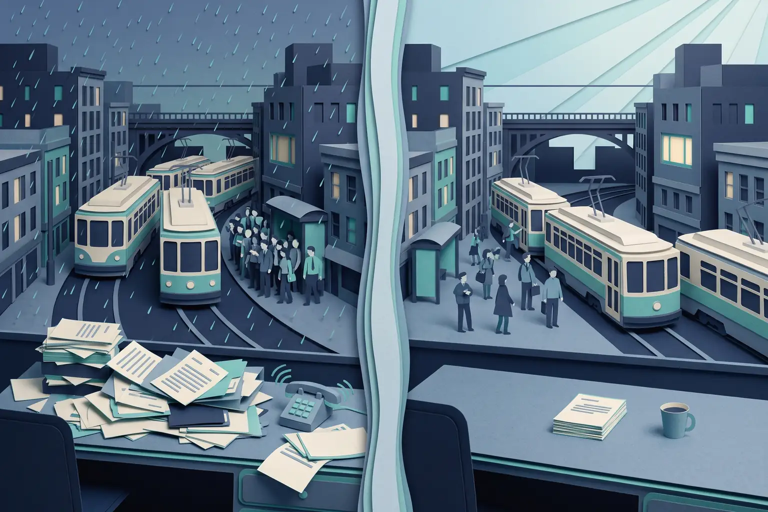 Illustrative before and after on the same street: in the rain, streetcars bunch up and a dispatcher’s desk is buried in paper; in clear light, streetcars run evenly spaced and the desk holds one short stack of slips. A picture of the idea, not a chart of the pilot figures.