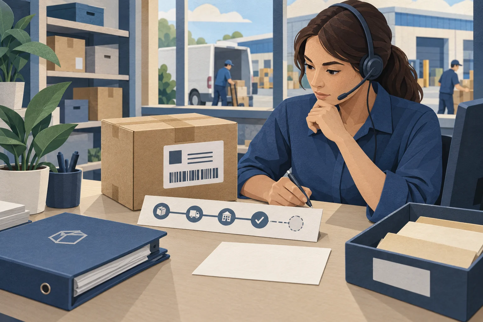 Customer service planning illustration connecting a support request, policy references and a response draft for human review.